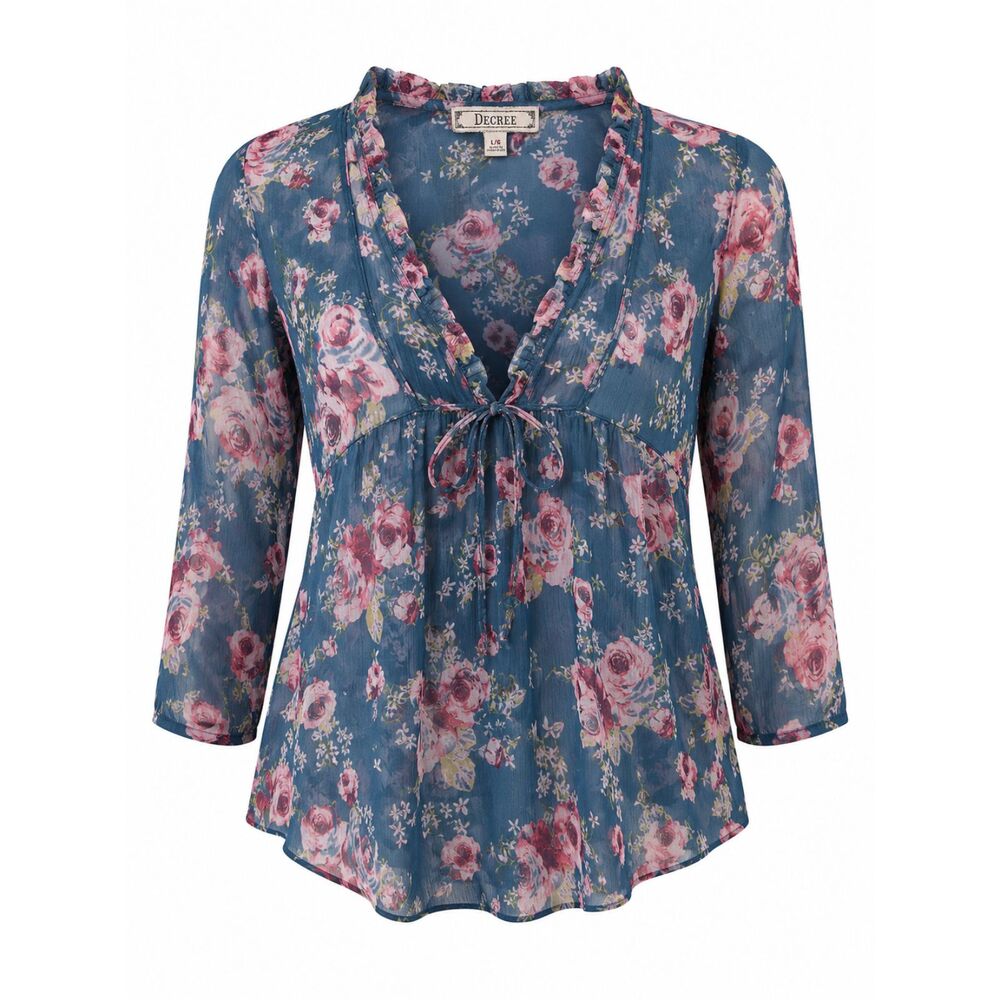 Decree Floral Sheer Boho Peasant Blouse Tie Front 3/4 Sleeve Women's Large